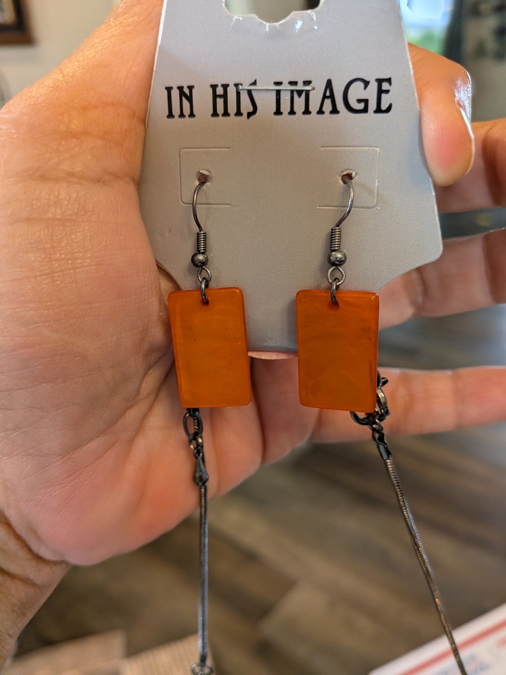 Orange Rectangle Drop Necklace And Earrings‎ Set